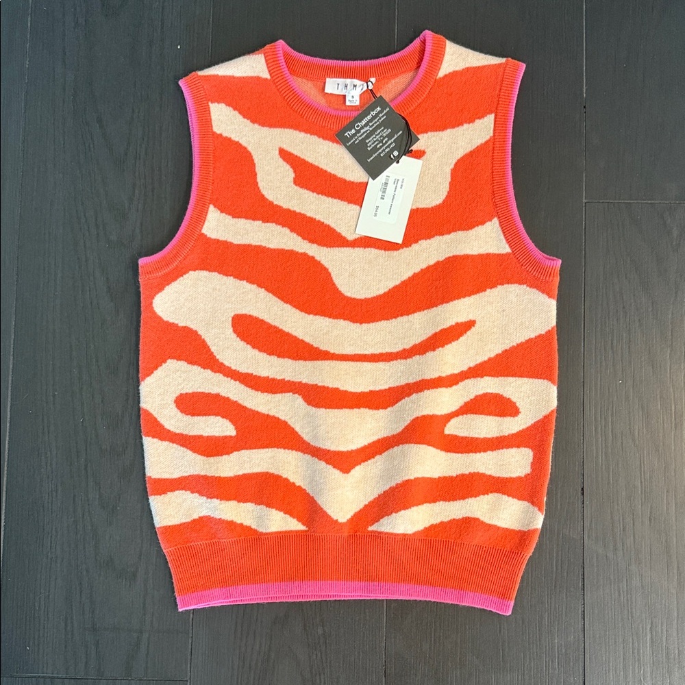 THML Bold Zebra-Pattern Sleeveless Sweater Vest in Orange, Cream & Pink Trim